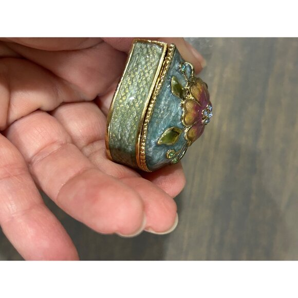 Vintage Monet Metal Enamel Heart Trinket Box Blue Green Flower Rhinestones - Picture 5 of 6